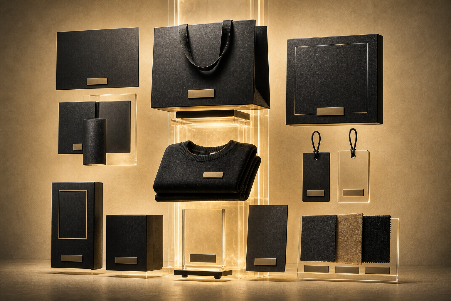 A refined brand system of black packaging, apparel, tags and material samples around a glowing glass core