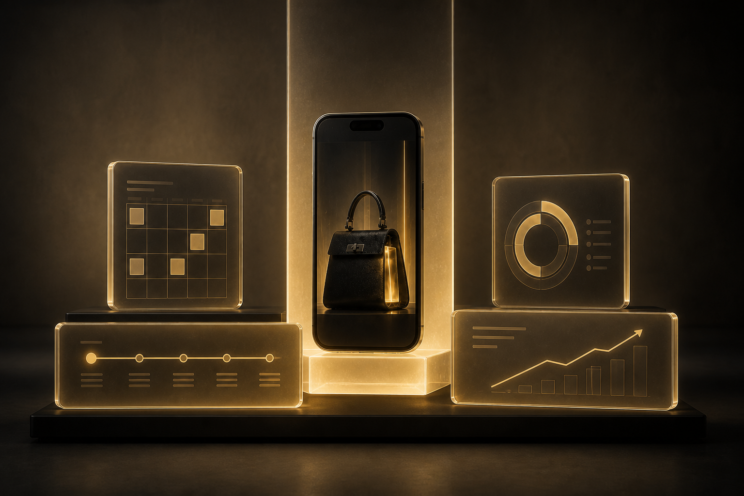 A clean social media strategy and campaign system built from smoked glass panels around a luminous core