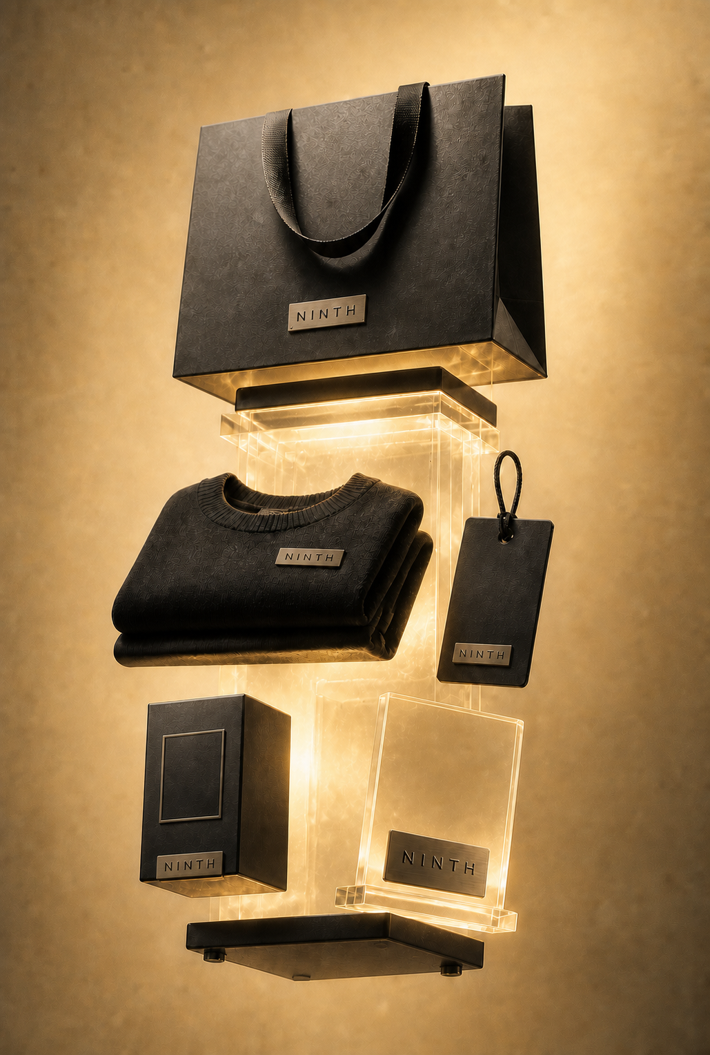 A coordinated black shopping bag, folded jersey, tags and packaging around an illuminated core