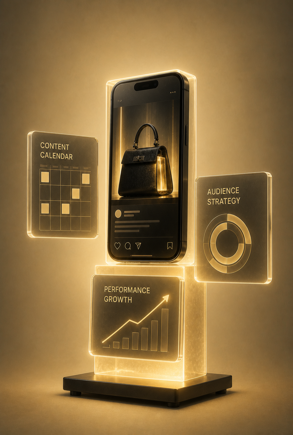 A black smartphone and translucent strategy panels arranged around a glowing core