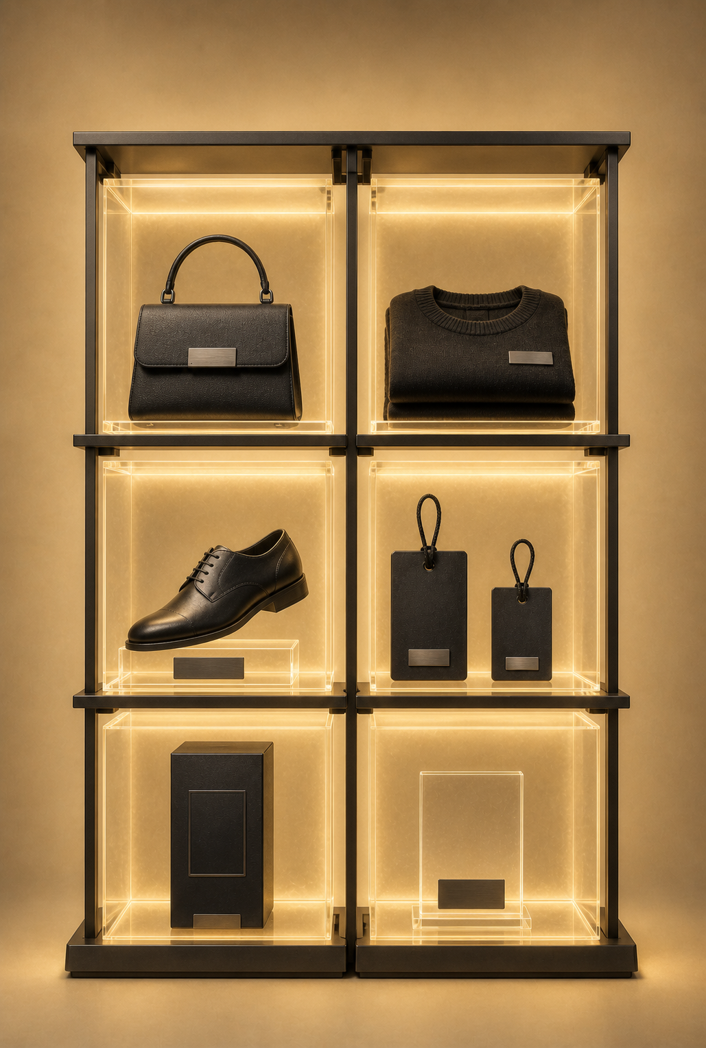 A glowing modular grid containing fashion retail products