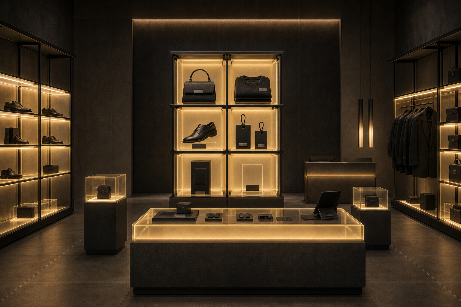 A modular fashion retail environment with illuminated glass fixtures and charcoal products